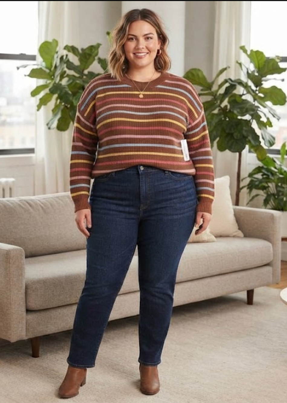 SO Knit Sweater Womens Plus Size 3X Brown Pink Blue Yellow Striped NWT Crew Neck